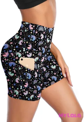 Curvy Pocketed Gym Shorts (Unicorn Doodle)