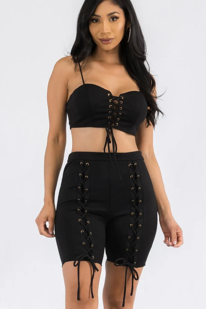 JS2693 - 2 PC Laced Up Top and Shorts