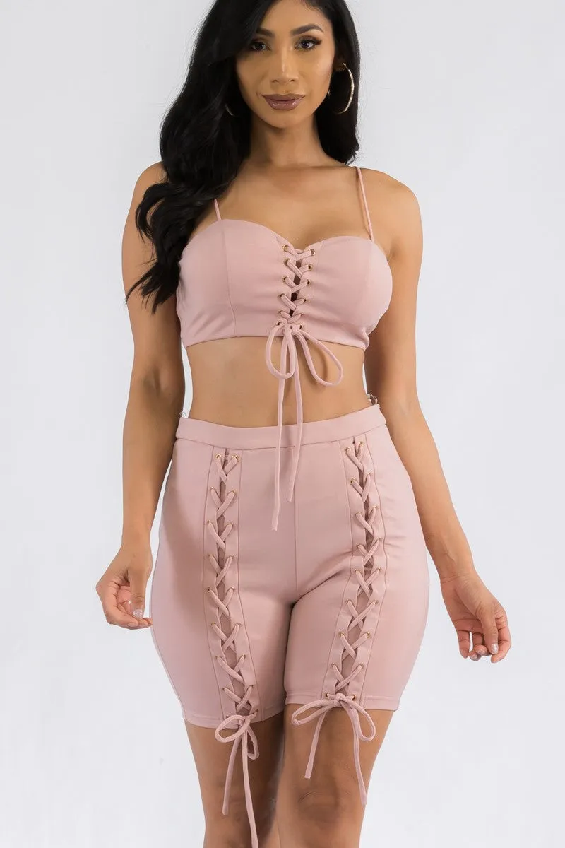 JS2693 - 2 PC Laced Up Top and Shorts