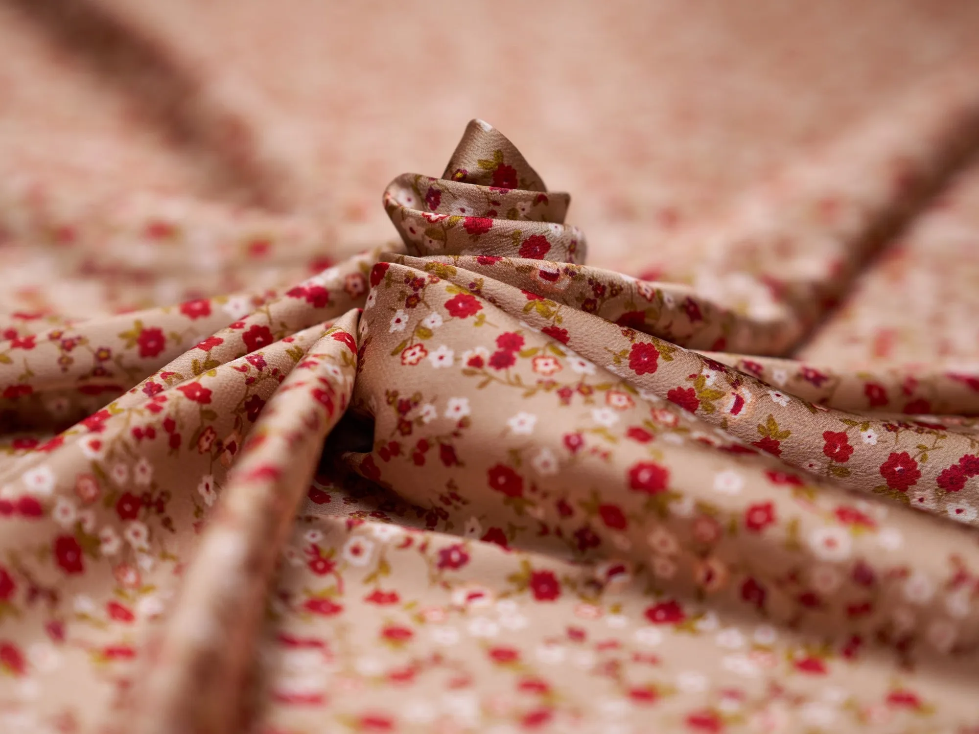 Lightweight  satin  dobby fabric by the yard - Mocha with red dainty florals  pattern