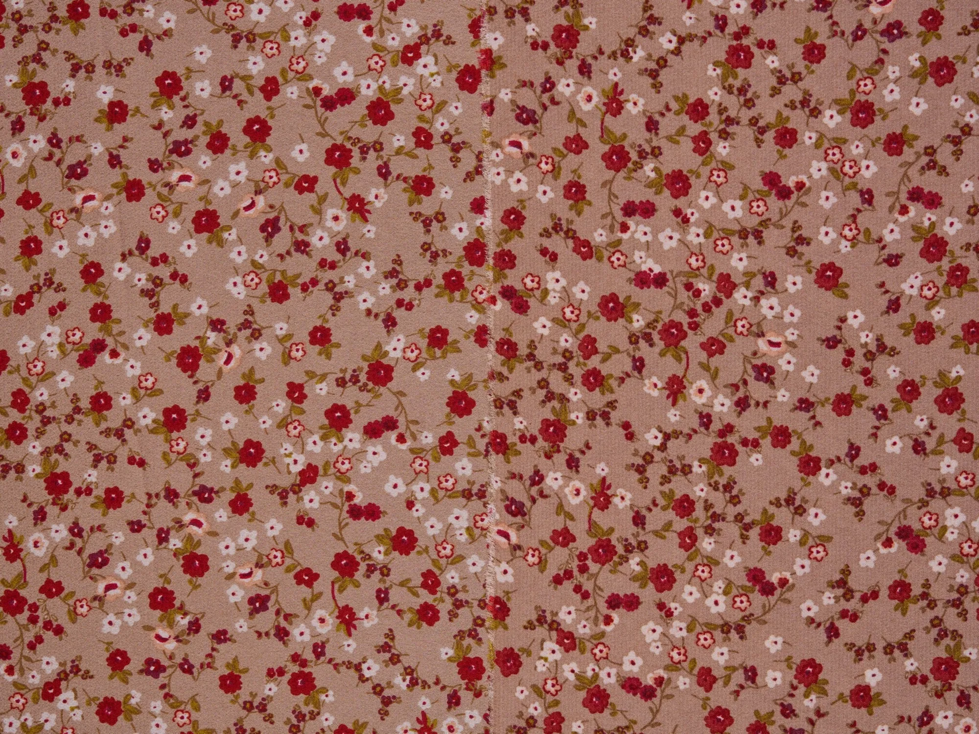 Lightweight  satin  dobby fabric by the yard - Mocha with red dainty florals  pattern