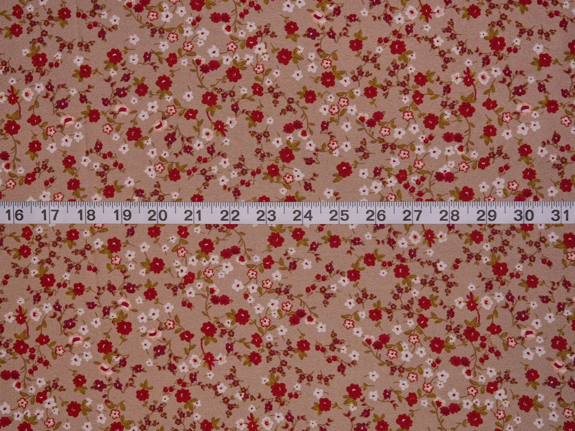 Lightweight  satin  dobby fabric by the yard - Mocha with red dainty florals  pattern