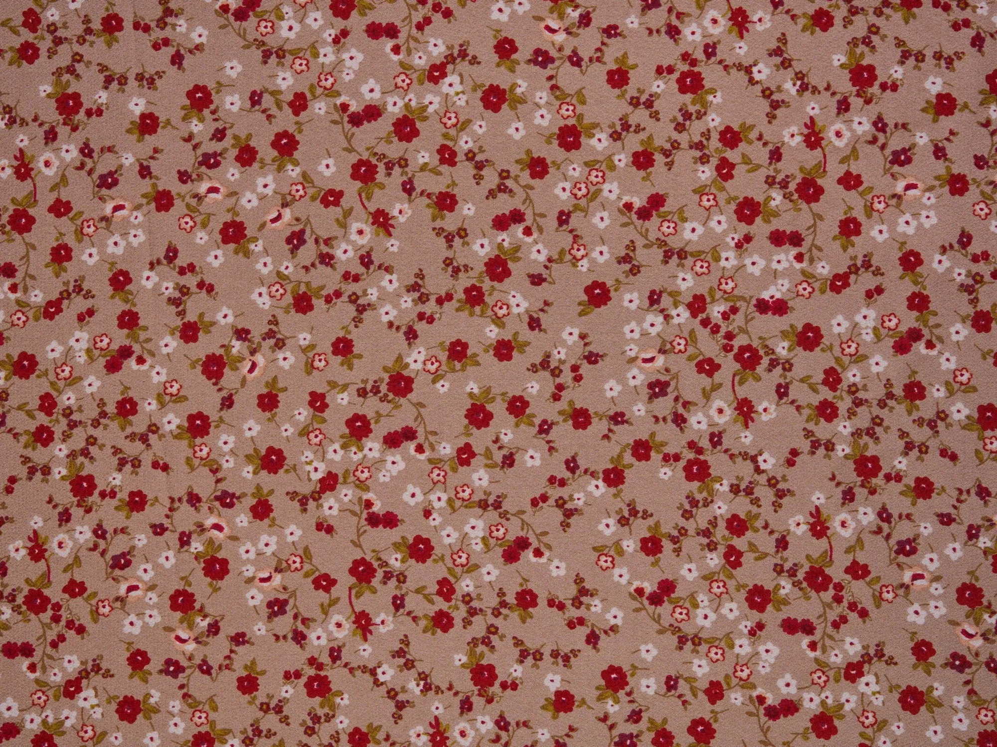 Lightweight  satin  dobby fabric by the yard - Mocha with red dainty florals  pattern