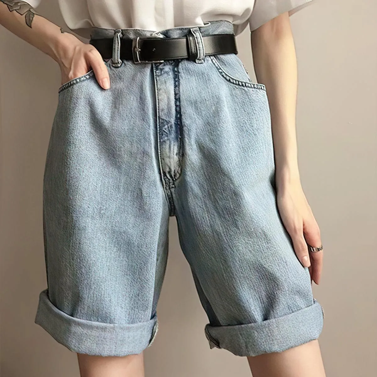 Washed Blue High Waist Denim Shorts